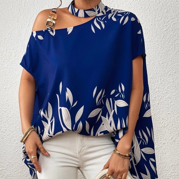. Tops - Blue Boho Womens Asymmetrical Neck Chain Detail Batwing Sleeve Blouse